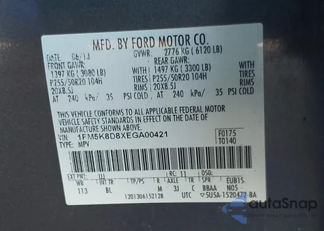 2014 Ford Explorer Xlt из США, поврежденный, VIN 1FM5K8D8XEGA00421